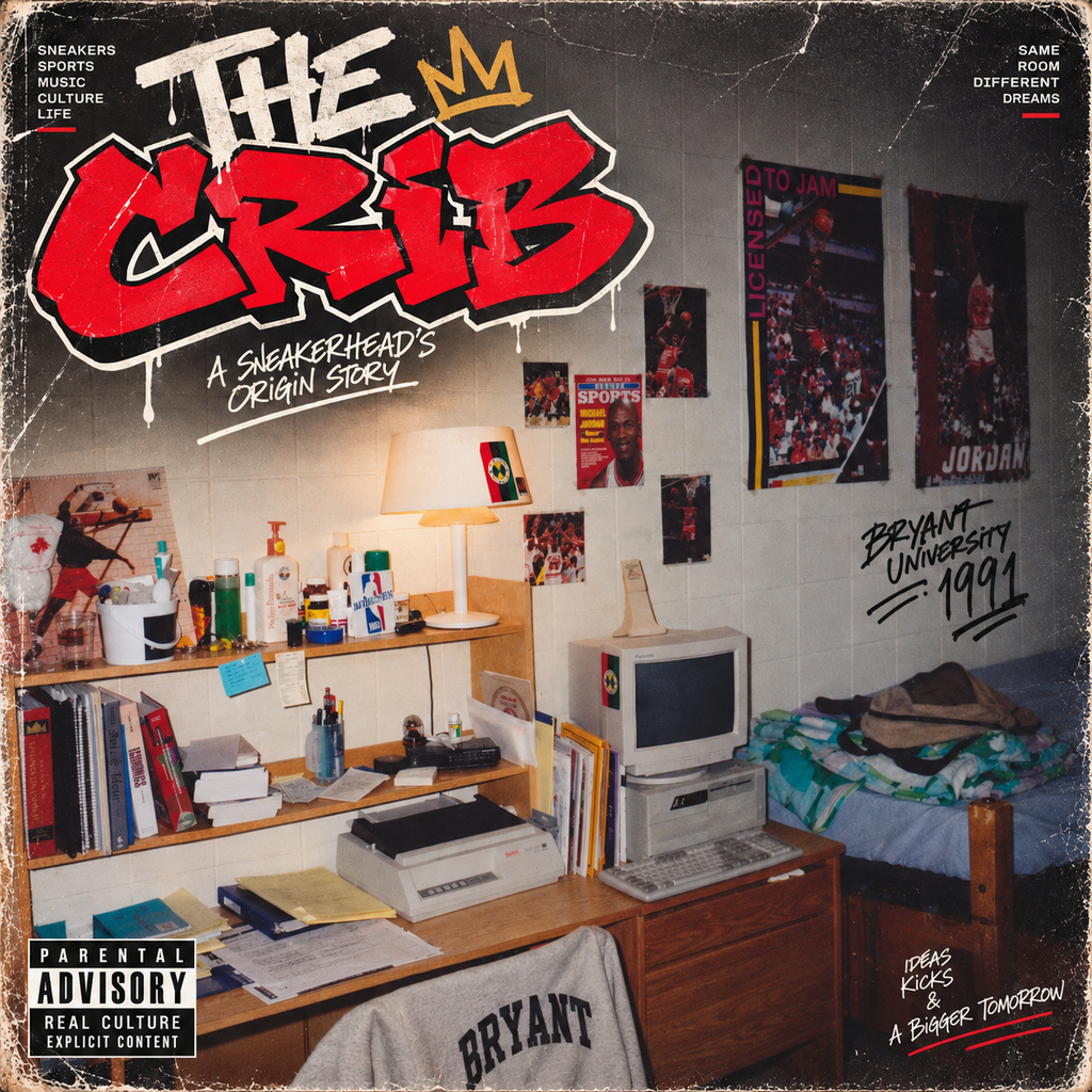 The Crib concept artwork showing a 1991 Bryant University dorm room with sneaker and music posters, a computer, and personal memorabilia.